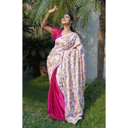 Isadora Life Womens Floral Printed White Pre-Draped Saree With Unstitched Blouse