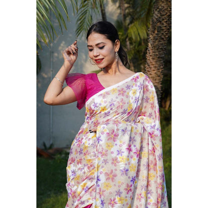 Isadora Life Womens Floral Printed White Pre-Draped Saree With Unstitched Blouse
