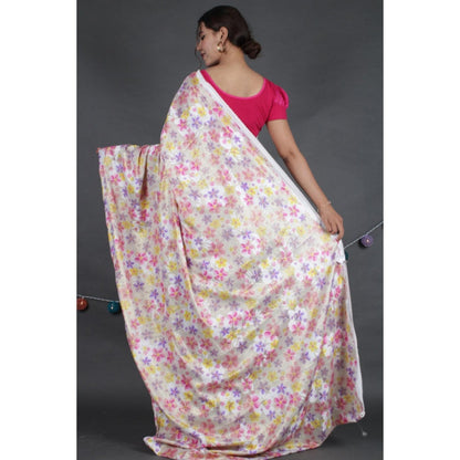 Isadora Life Womens Floral Printed White Pre-Draped Saree With Unstitched Blouse