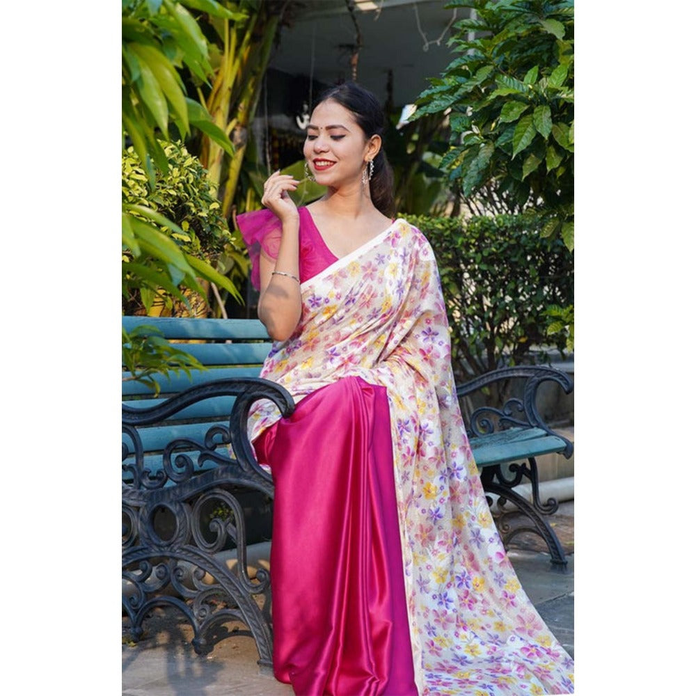 Isadora Life Womens Floral Printed White Pre-Draped Saree With Unstitched Blouse