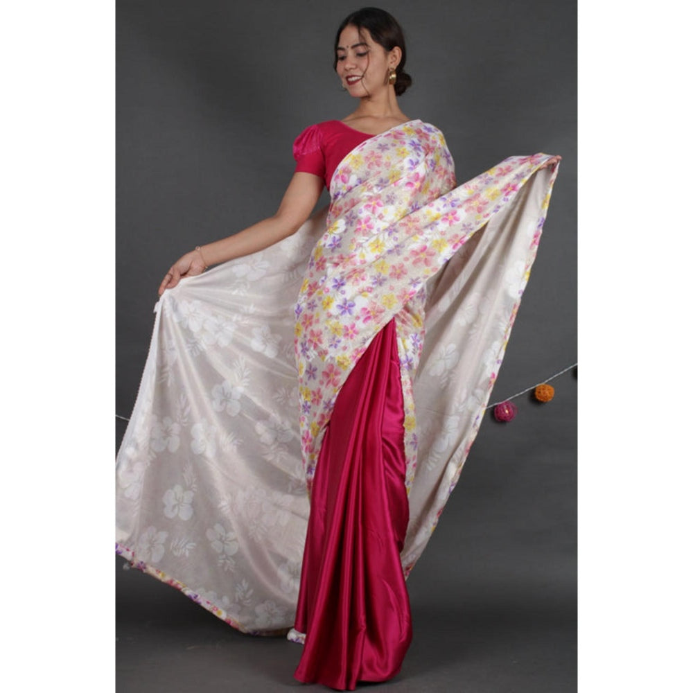 Isadora Life Womens Floral Printed White Pre-Draped Saree With Unstitched Blouse