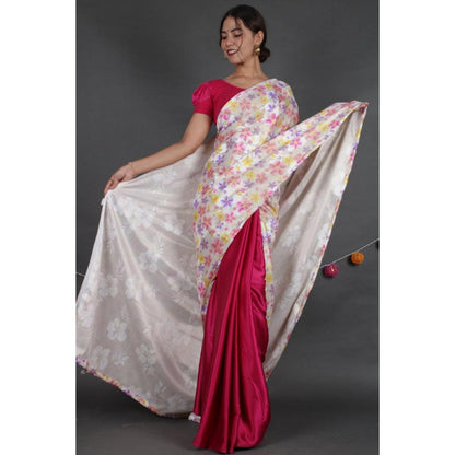 Isadora Life Womens Floral Printed White Pre-Draped Saree With Unstitched Blouse
