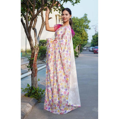 Isadora Life Womens Floral Printed White Pre-Draped Saree With Unstitched Blouse