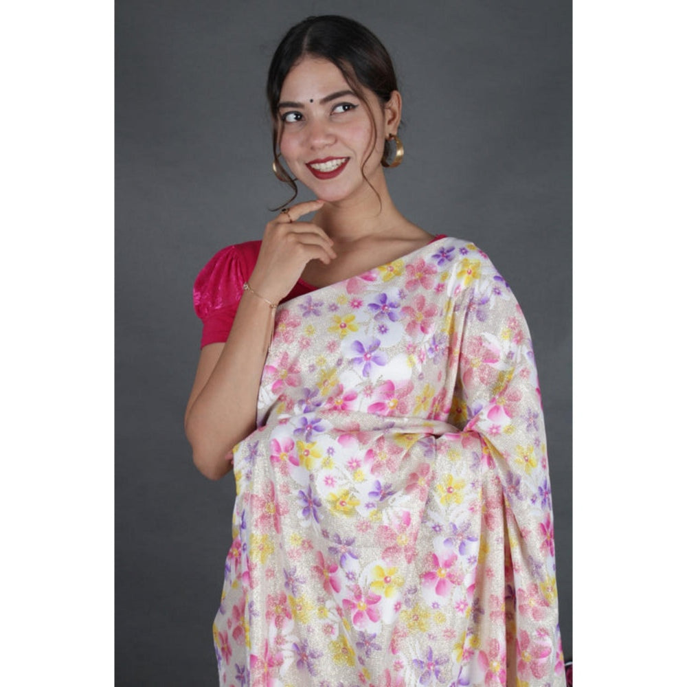 Isadora Life Womens Floral Printed White Pre-Draped Saree With Unstitched Blouse