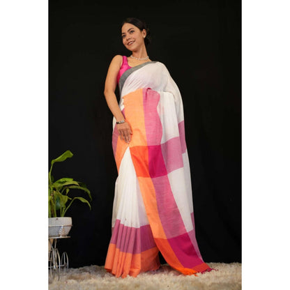 Isadora Life Womens Colorblock Tassels White Pre-Draped Saree With Unstitched Blouse