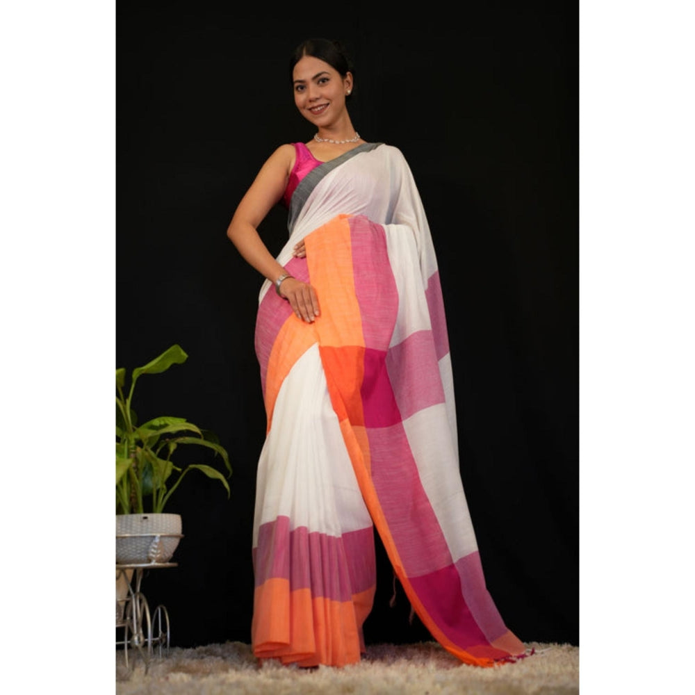 Isadora Life Womens Colorblock Tassels White Pre-Draped Saree With Unstitched Blouse
