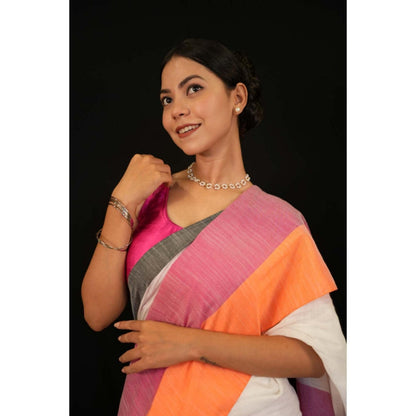 Isadora Life Womens Colorblock Tassels White Pre-Draped Saree With Unstitched Blouse