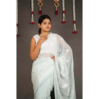Isadora Life Womens Embroidered Chikankari Blue Pre-Draped Saree With Unstitched Blouse