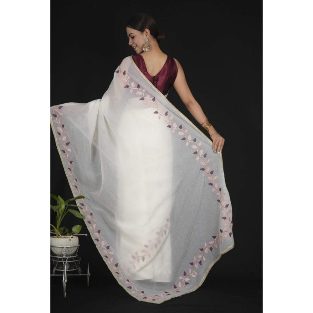 Isadora Life Womens Embroidered Thread Work White Pre-Draped Saree With Unstitched Blouse