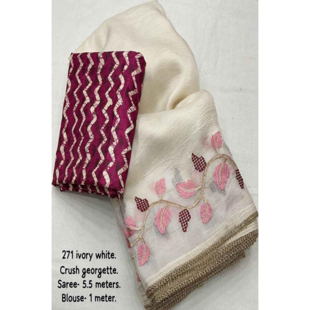 Isadora Life Womens Embroidered Thread Work White Pre-Draped Saree With Unstitched Blouse