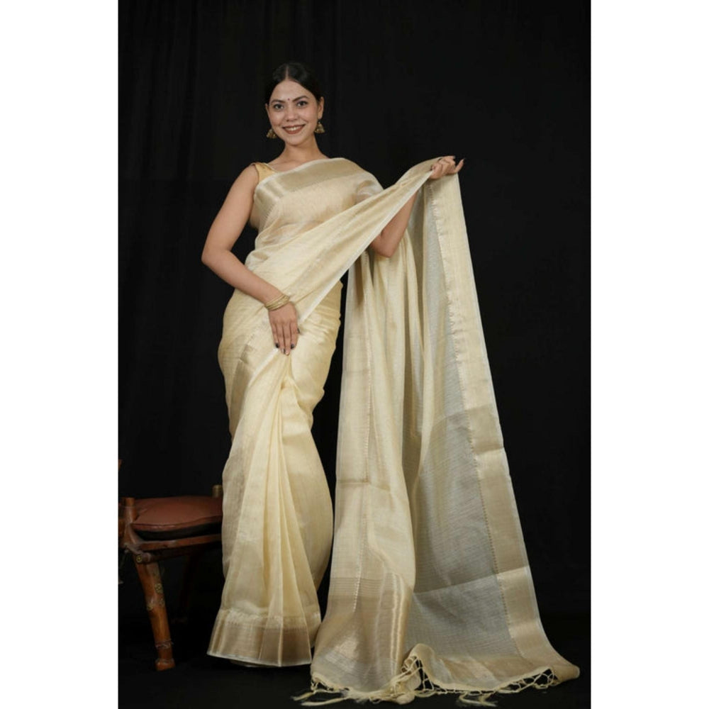 Isadora Life Womens Stripes Zari Ivory Pre-Draped Saree With Unstitched Blouse