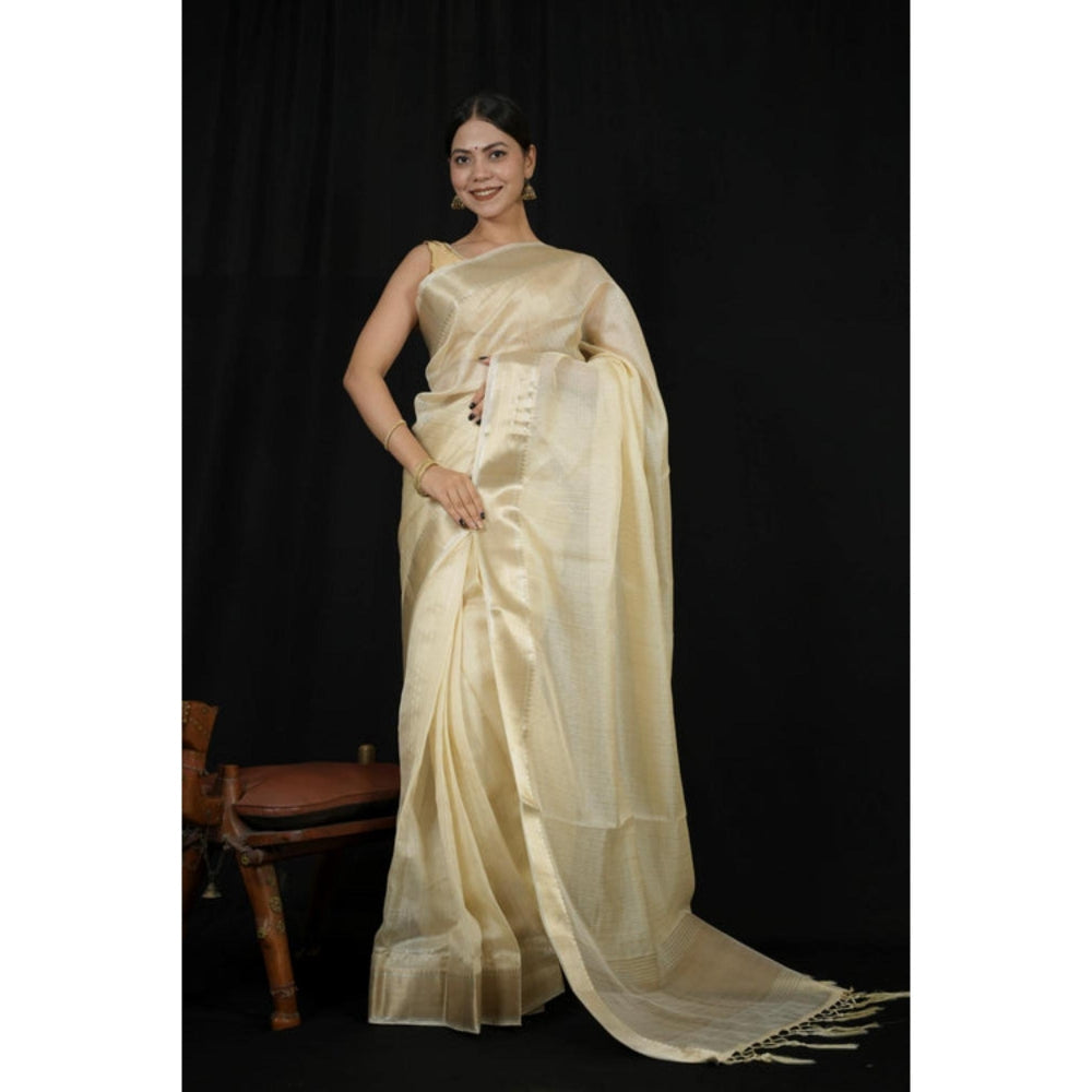 Isadora Life Womens Stripes Zari Ivory Pre-Draped Saree With Unstitched Blouse