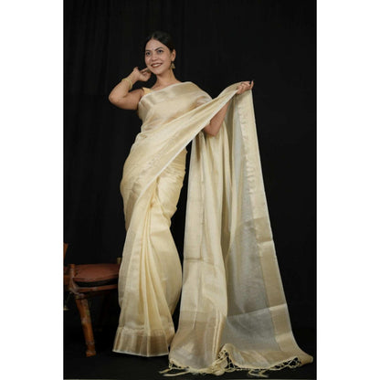Isadora Life Womens Stripes Zari Ivory Pre-Draped Saree With Unstitched Blouse