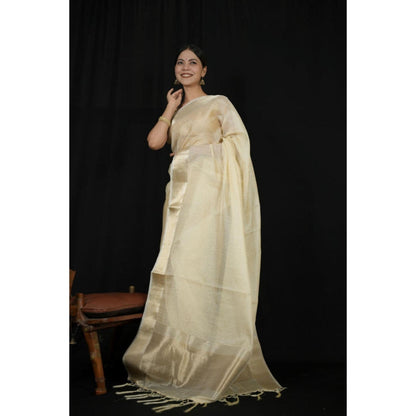 Isadora Life Womens Stripes Zari Ivory Pre-Draped Saree With Unstitched Blouse