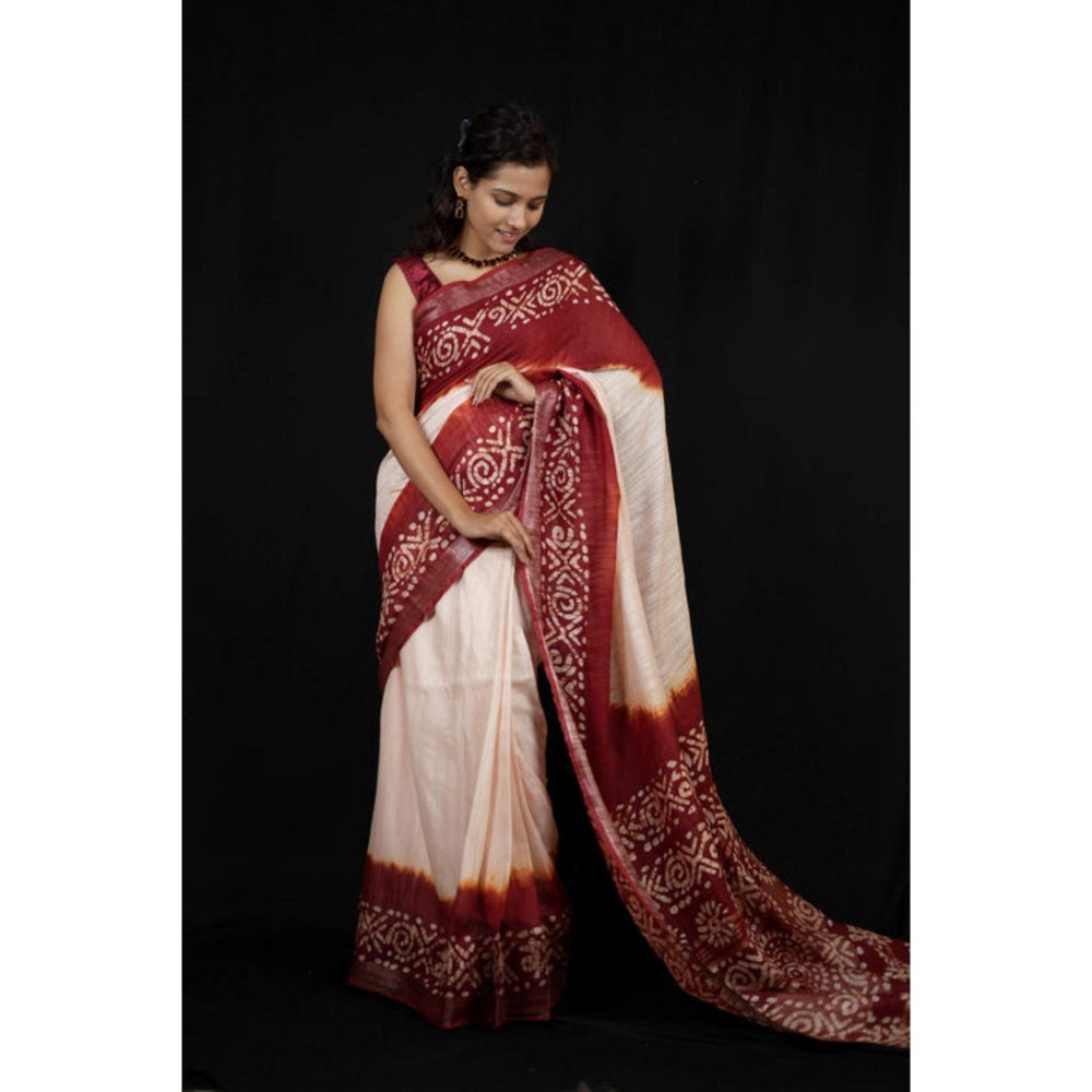 Isadora Life Womens Printed Tassels Beige Pre-Draped Saree With Unstitched Blouse