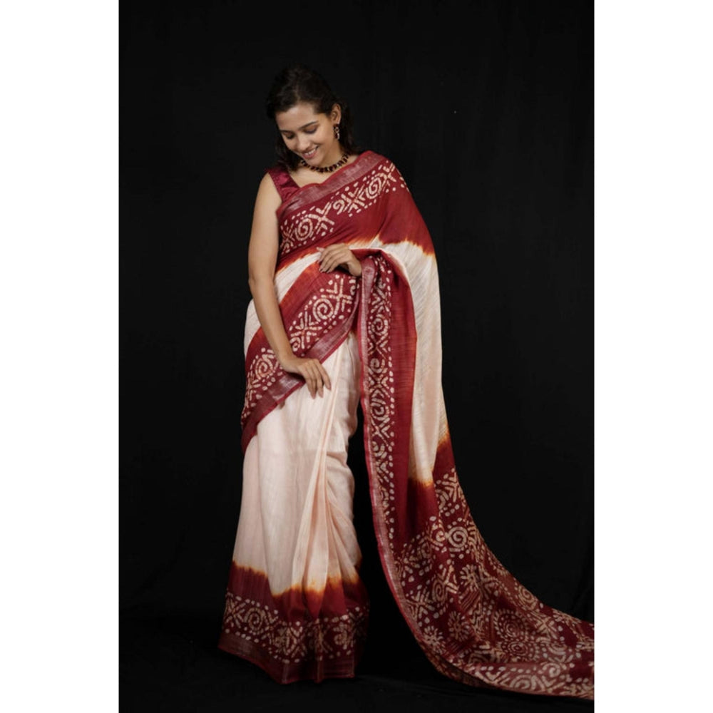 Isadora Life Womens Printed Tassels Beige Pre-Draped Saree With Unstitched Blouse