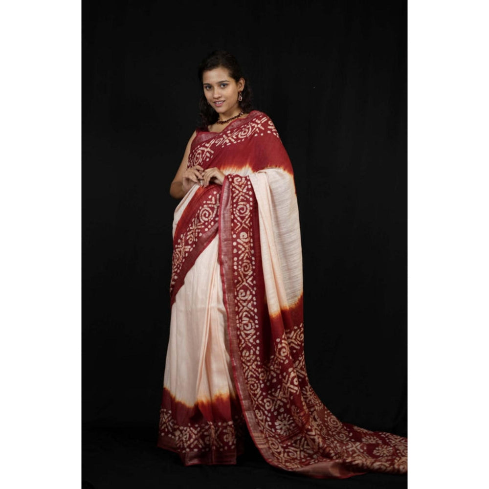 Isadora Life Womens Printed Tassels Beige Pre-Draped Saree With Unstitched Blouse