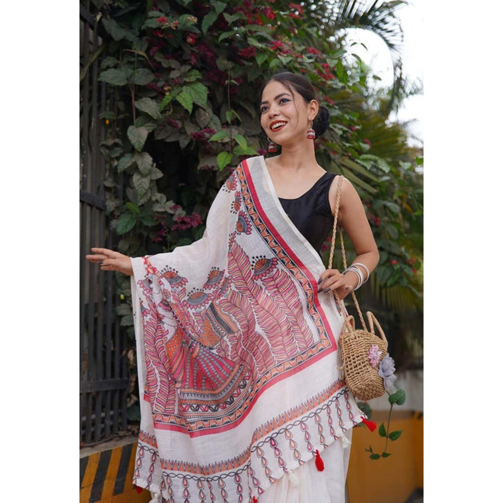 Isadora Life Womens Printed Tassels White Pre-Draped Saree With Unstitched Blouse