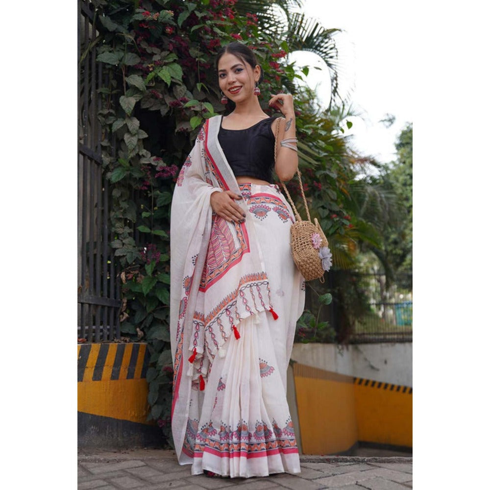 Isadora Life Womens Printed Tassels White Pre-Draped Saree With Unstitched Blouse