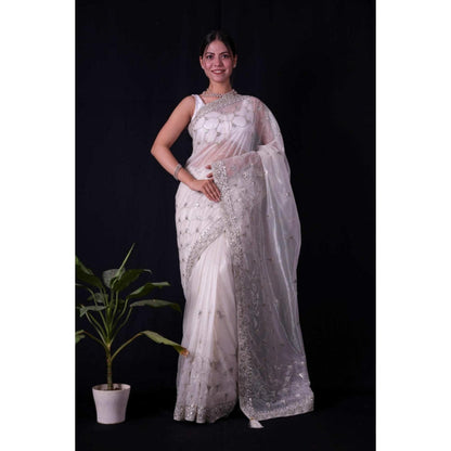 Isadora Life Womens Embroidered Sequined White Pre-Draped Saree With Unstitched Blouse
