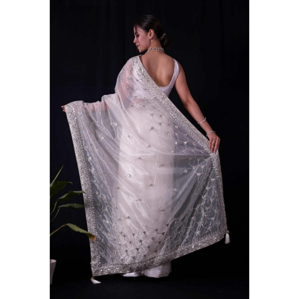 Isadora Life Womens Embroidered Sequined White Pre-Draped Saree With Unstitched Blouse