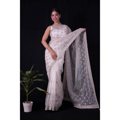Isadora Life Womens Embroidered Sequined White Pre-Draped Saree With Unstitched Blouse
