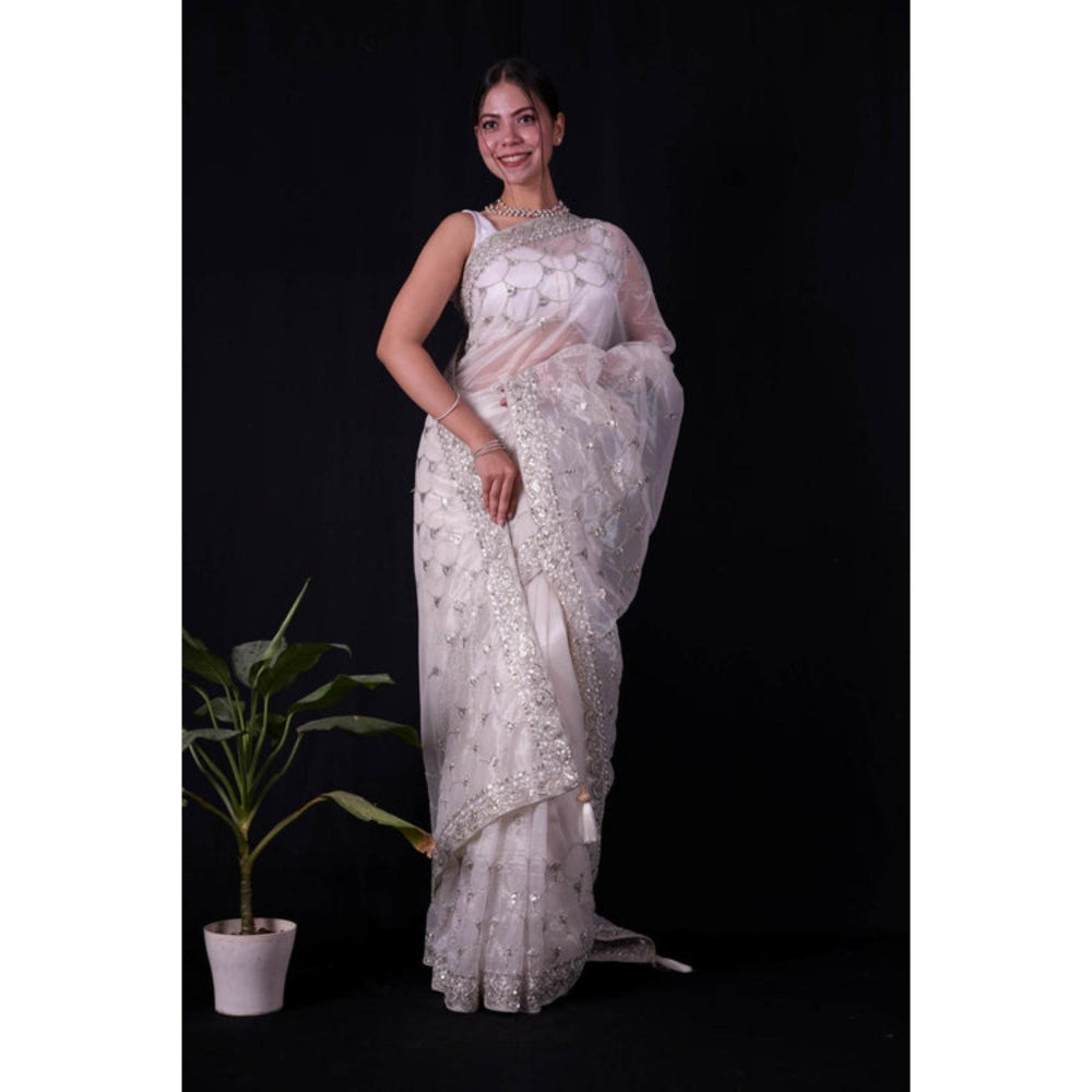 Isadora Life Womens Embroidered Sequined White Pre-Draped Saree With Unstitched Blouse