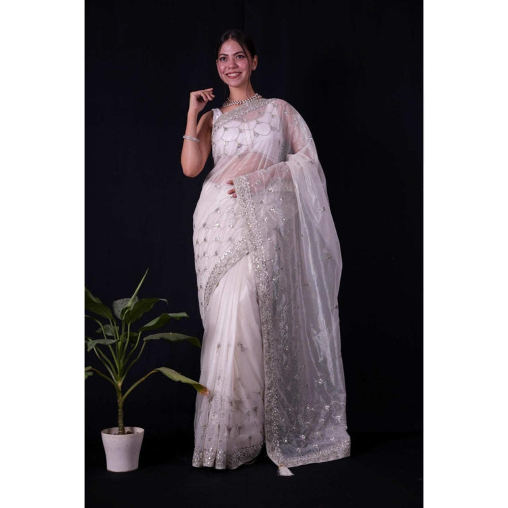 Isadora Life Womens Embroidered Sequined White Pre-Draped Saree With Unstitched Blouse