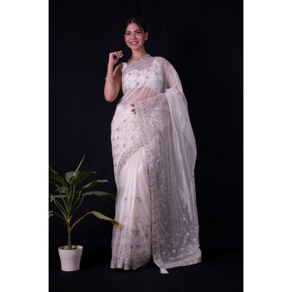 Isadora Life Womens Embroidered Sequined White Pre-Draped Saree With Unstitched Blouse