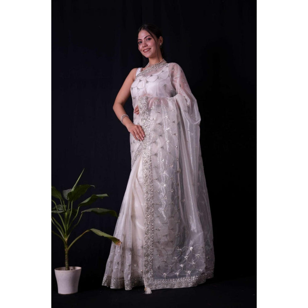 Isadora Life Womens Embroidered Sequined White Pre-Draped Saree With Unstitched Blouse