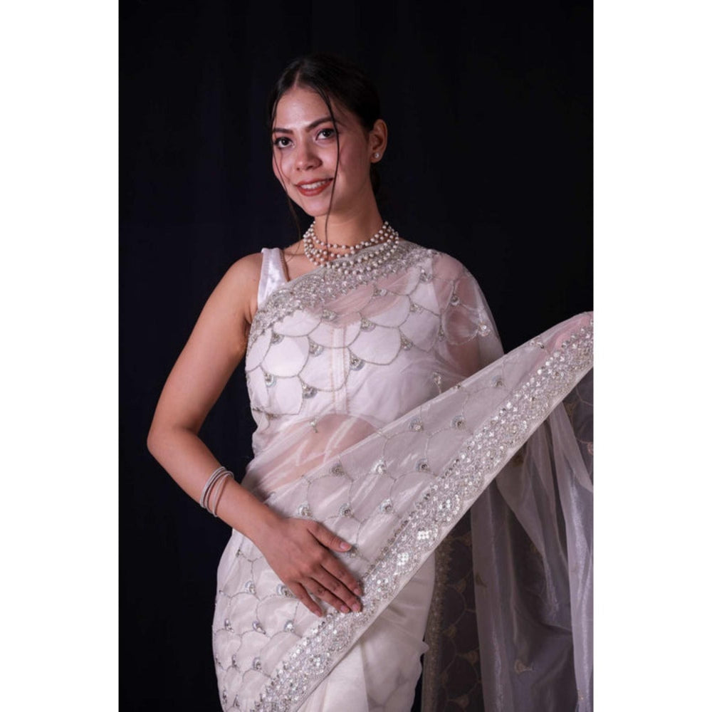 Isadora Life Womens Embroidered Sequined White Pre-Draped Saree With Unstitched Blouse