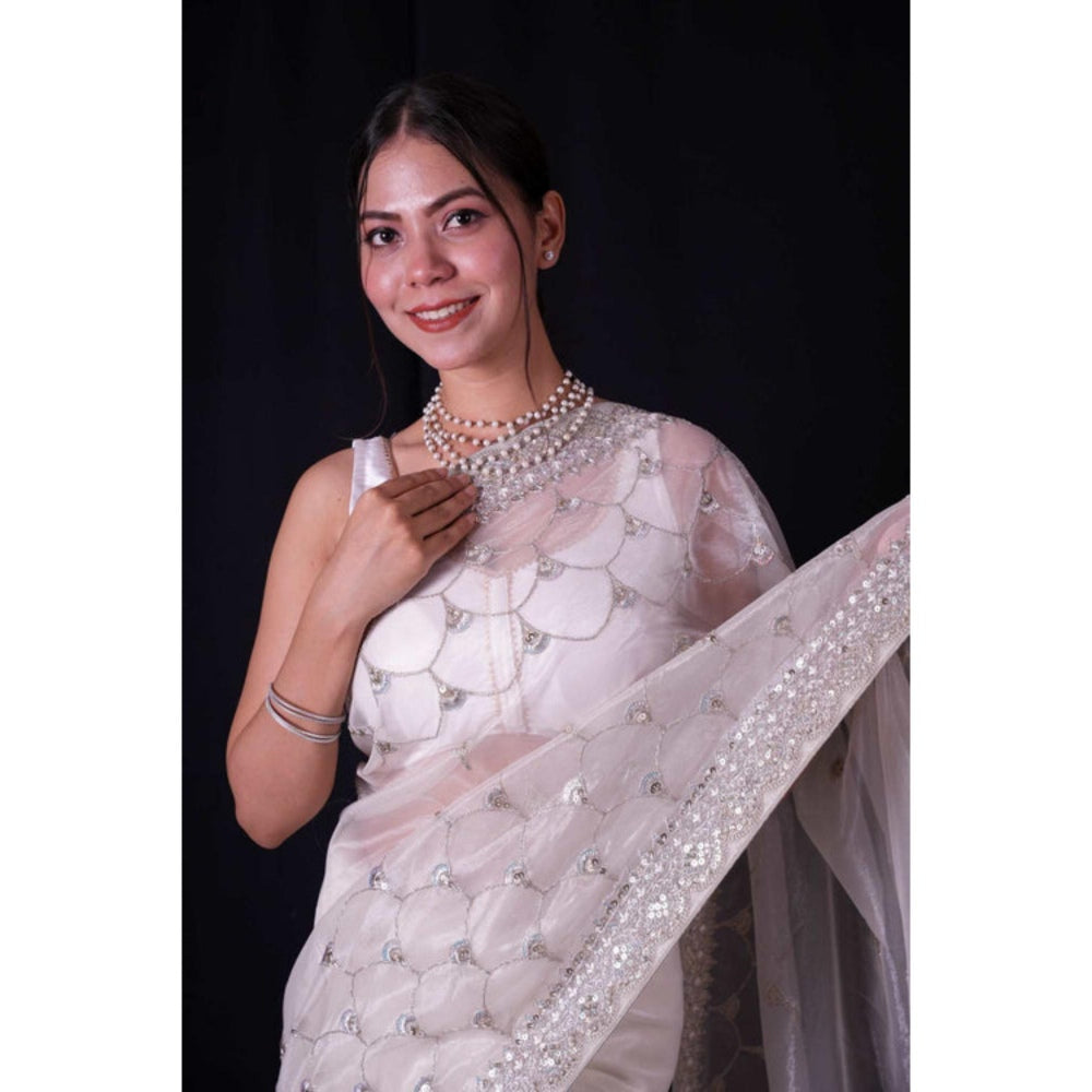 Isadora Life Womens Embroidered Sequined White Pre-Draped Saree With Unstitched Blouse