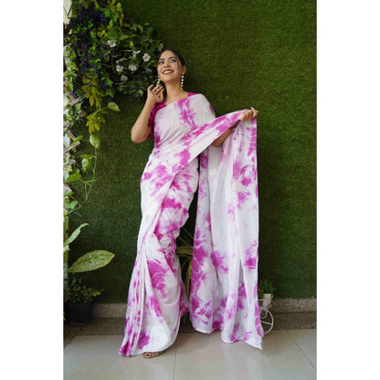 Isadora Life Womens Tie & Dye Mirror Work White Pre-Draped Saree With Unstitched Blouse