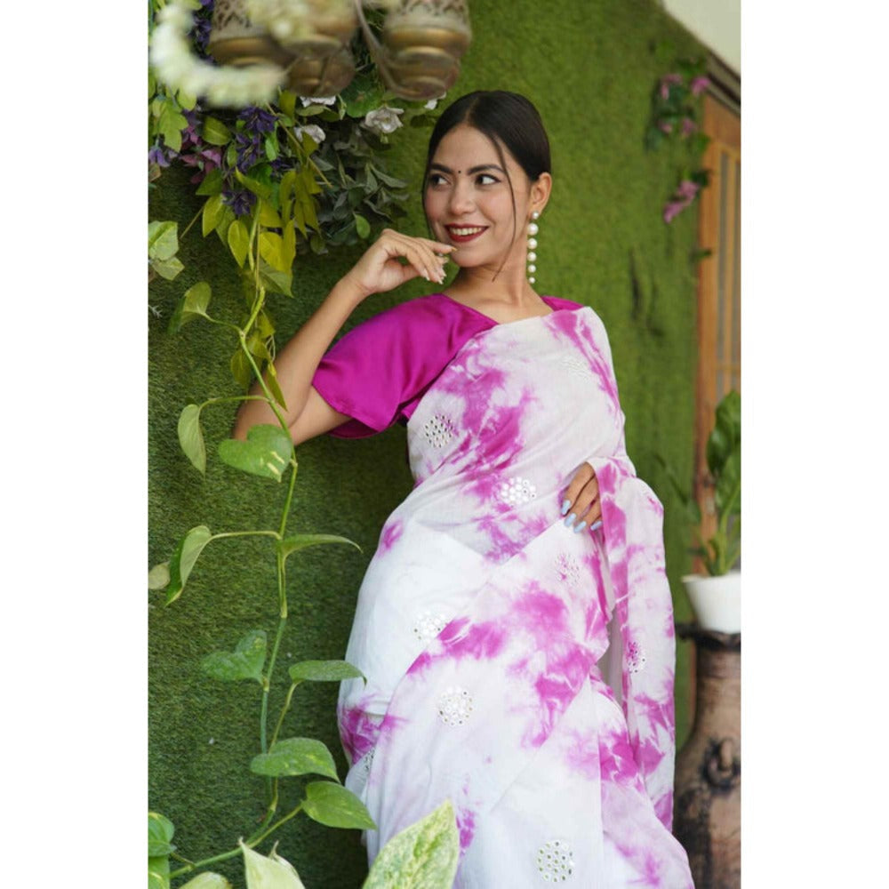 Isadora Life Womens Tie & Dye Mirror Work White Pre-Draped Saree With Unstitched Blouse