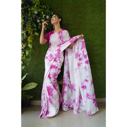 Isadora Life Womens Tie & Dye Mirror Work White Pre-Draped Saree With Unstitched Blouse
