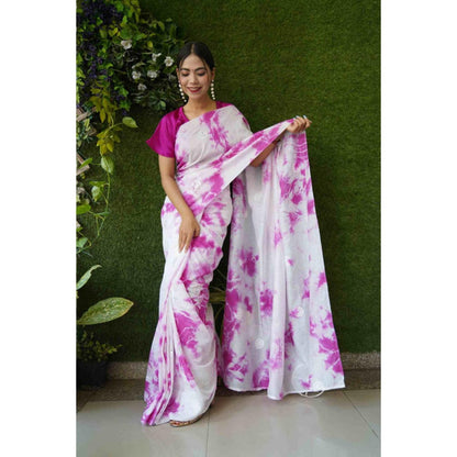 Isadora Life Womens Tie & Dye Mirror Work White Pre-Draped Saree With Unstitched Blouse