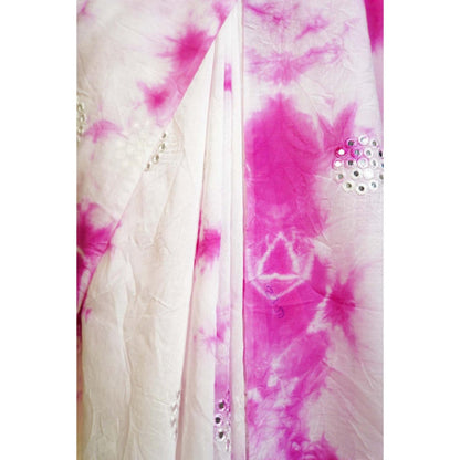 Isadora Life Womens Tie & Dye Mirror Work White Pre-Draped Saree With Unstitched Blouse