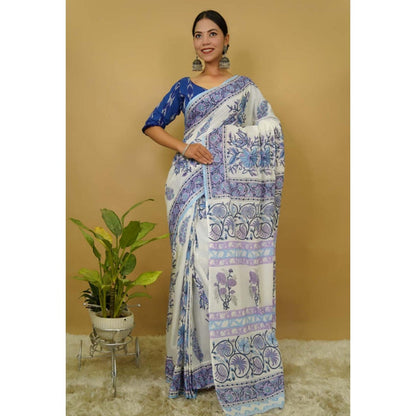 Isadora Life Womens Floral Printed White Pre-Draped Saree With Unstitched Blouse