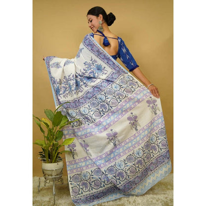 Isadora Life Womens Floral Printed White Pre-Draped Saree With Unstitched Blouse