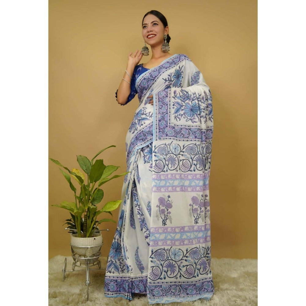 Isadora Life Womens Floral Printed White Pre-Draped Saree With Unstitched Blouse