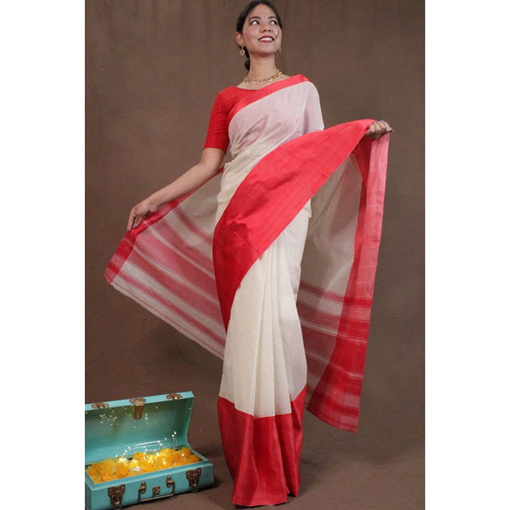 Isadora Life Womens Woven White Pre-Draped Saree With Unstitched Blouse
