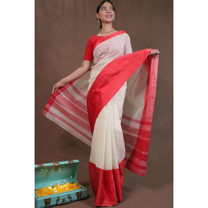 Isadora Life Womens Woven White Pre-Draped Saree With Unstitched Blouse