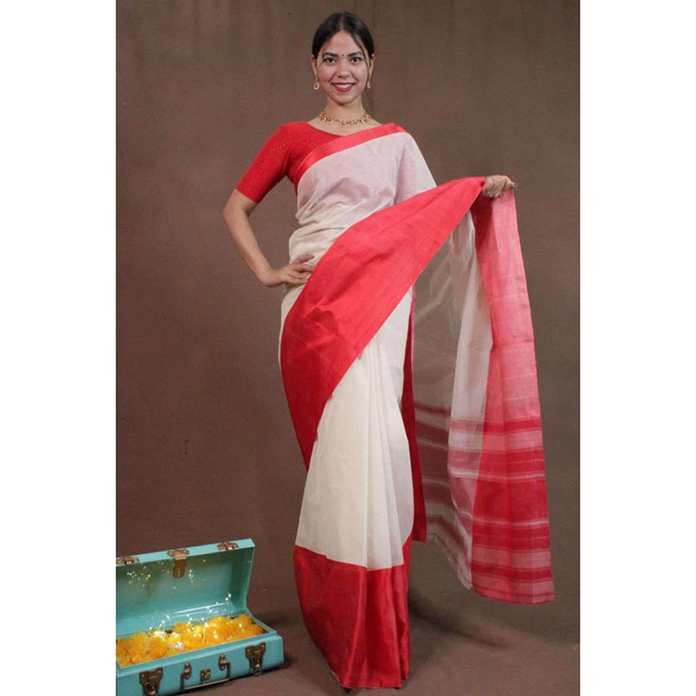 Isadora Life Womens Woven White Pre-Draped Saree With Unstitched Blouse