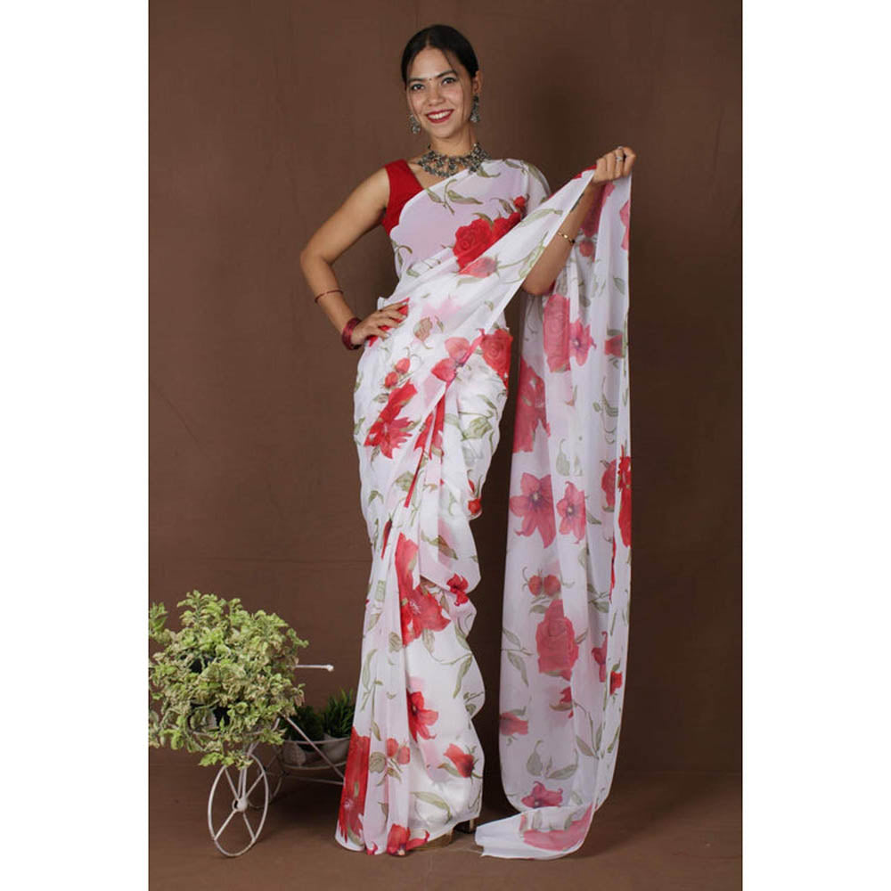 Isadora Life Womens Floral Printed White Pre-Draped Saree With Unstitched Blouse