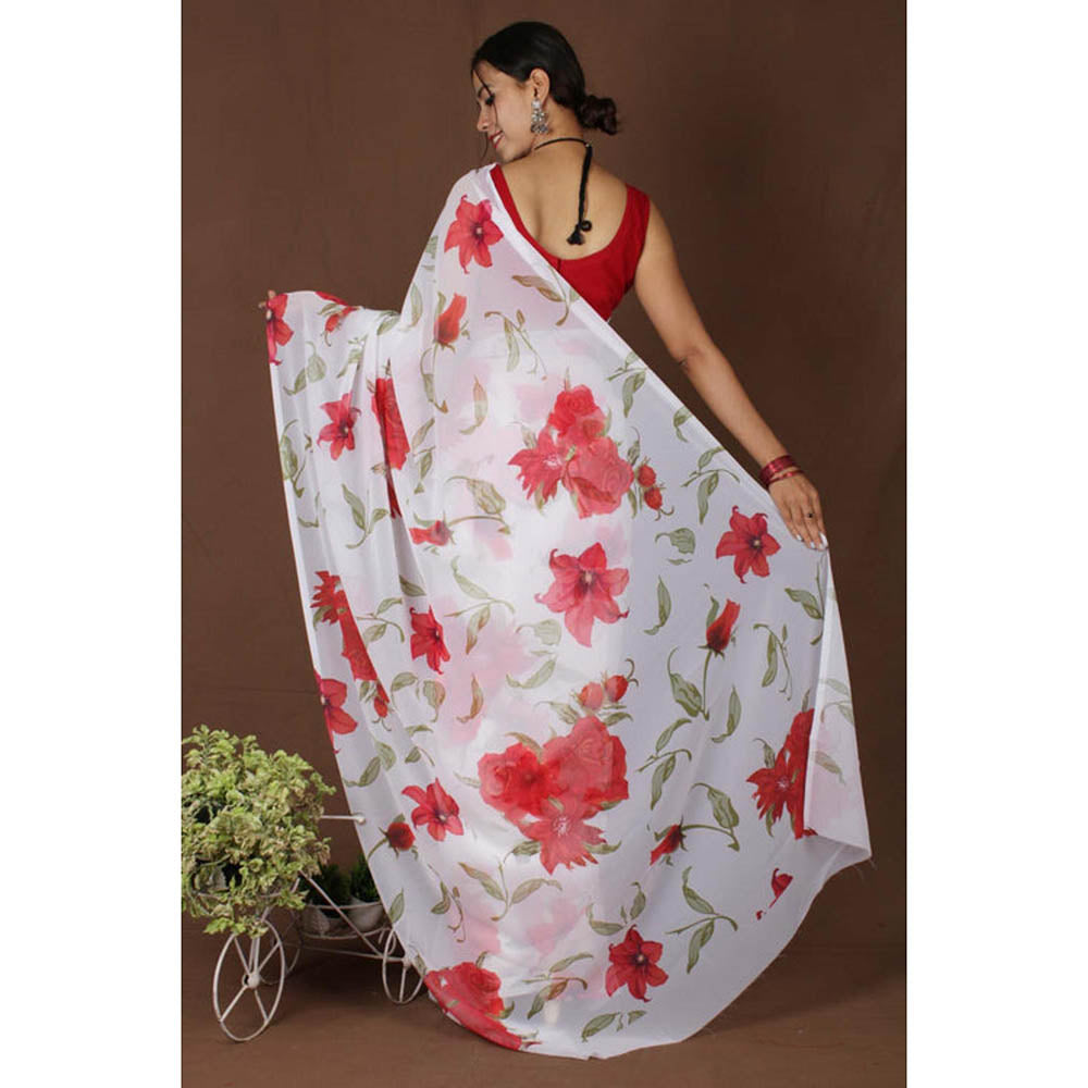 Isadora Life Womens Floral Printed White Pre-Draped Saree With Unstitched Blouse