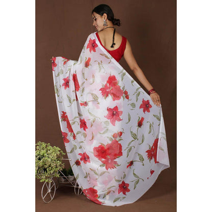 Isadora Life Womens Floral Printed White Pre-Draped Saree With Unstitched Blouse