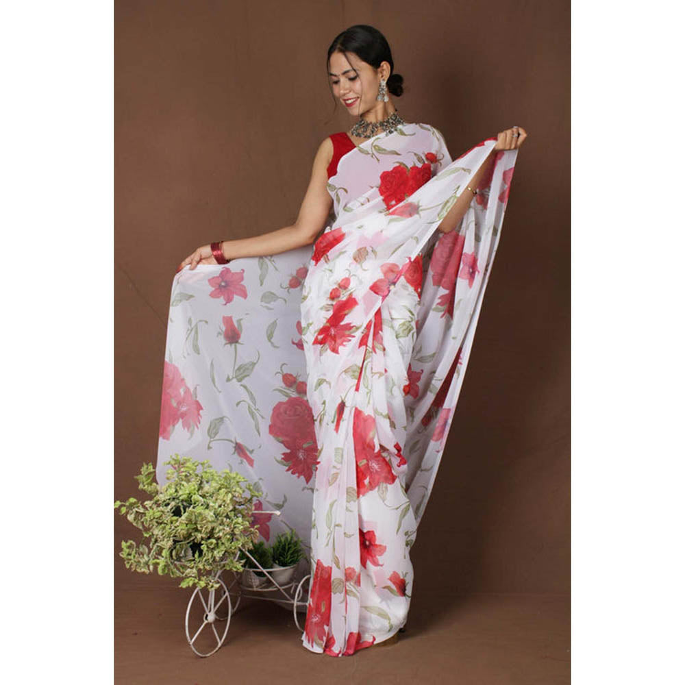 Isadora Life Womens Floral Printed White Pre-Draped Saree With Unstitched Blouse