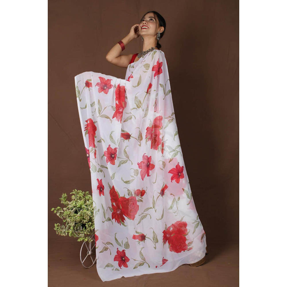 Isadora Life Womens Floral Printed White Pre-Draped Saree With Unstitched Blouse