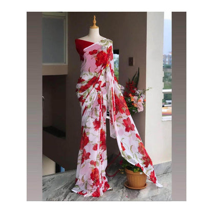 Isadora Life Womens Floral Printed White Pre-Draped Saree With Unstitched Blouse