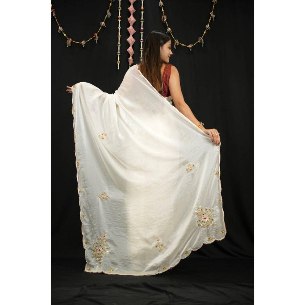 Isadora Life Womens Embroidered Sequined Off White Pre-Draped Saree With Unstitched Blouse